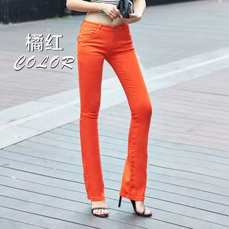 Women'S White 80% Cotton Flare Denim Pants Mom'S Fomal Skinny Stretch Jeans Trend Candy Color Slim Cowboy Trousers OL Pantalones