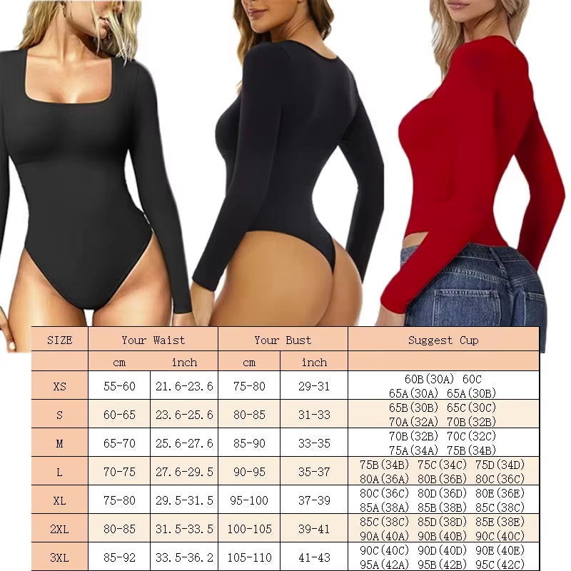 GUUDIA Spandex Elastic Body Suit Shapewear Women Body Shaper Tummy Control Long Sleeve Open Crotch Big U Neck Seamless Shapers