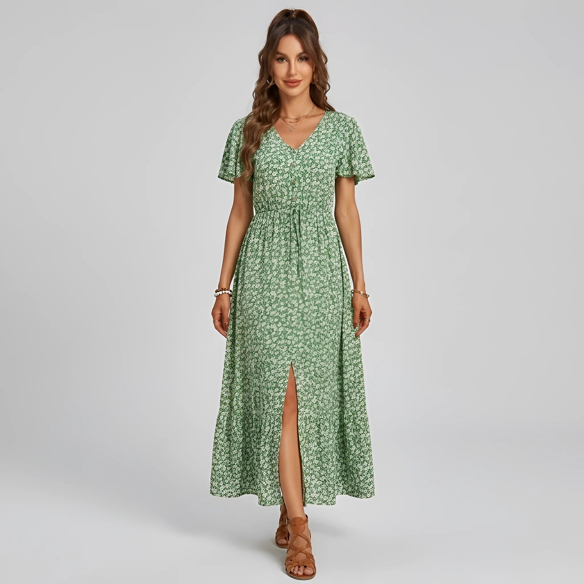 Vestito Lungo Donna Floreale Con Scollo a V Maniche Corte E Bottoni Frontali