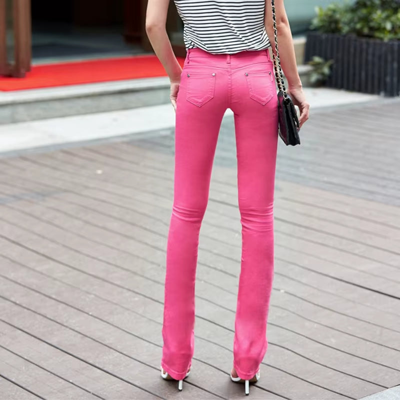 Women'S White 80% Cotton Flare Denim Pants Mom'S Fomal Skinny Stretch Jeans Trend Candy Color Slim Cowboy Trousers OL Pantalones
