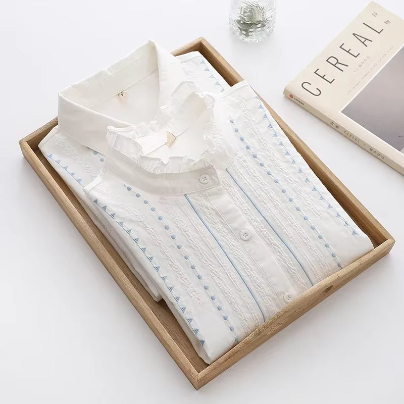 Camisas de manga larga de algodón jacquard con bordados para mujer, otoño, nueva blusa blanca de encaje, blusas y tops sueltos y casuales para señora.
