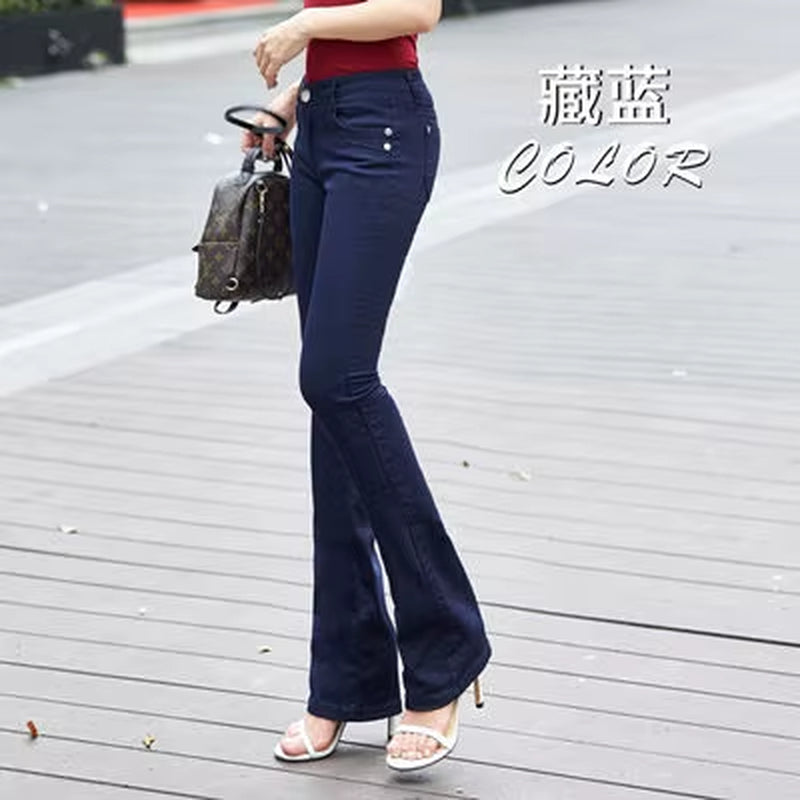 Women'S White 80% Cotton Flare Denim Pants Mom'S Fomal Skinny Stretch Jeans Trend Candy Color Slim Cowboy Trousers OL Pantalones