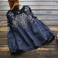 Camisa de mujer de primavera con mangas largas y volantes, blusa vintage con bordado, casual, cuello redondo, de algodón y lino.
