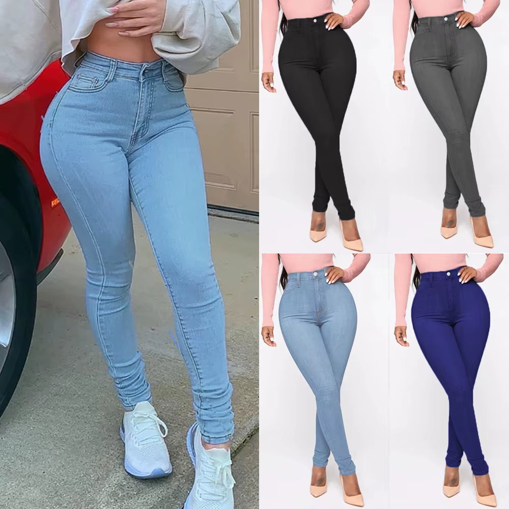 Pantalones Vaqueros de Cintura Alta para Mujer, Ajustados y Elásticos, Denim Azul, Lavado Retro, Pantalones Lápiz Slim