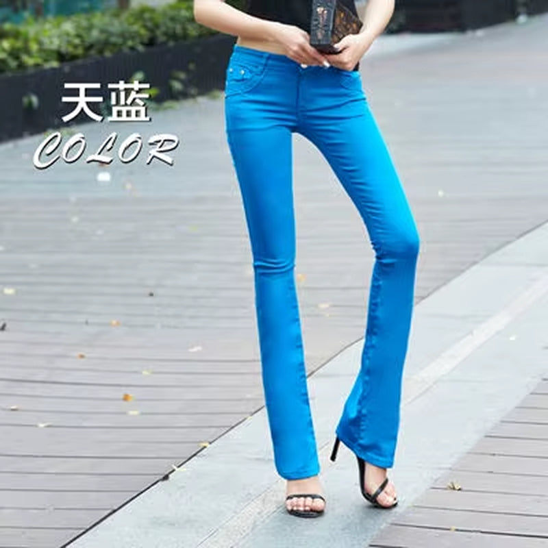 Women'S White 80% Cotton Flare Denim Pants Mom'S Fomal Skinny Stretch Jeans Trend Candy Color Slim Cowboy Trousers OL Pantalones
