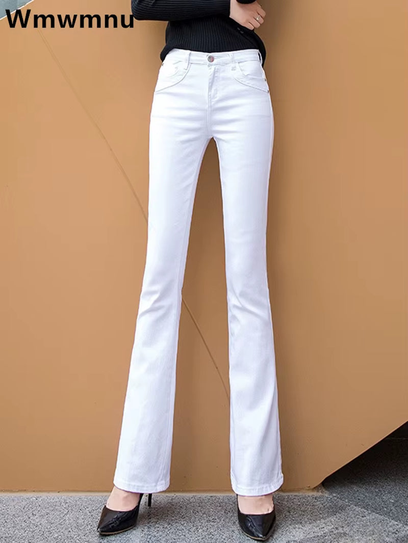 Women'S White 80% Cotton Flare Denim Pants Mom'S Fomal Skinny Stretch Jeans Trend Candy Color Slim Cowboy Trousers OL Pantalones