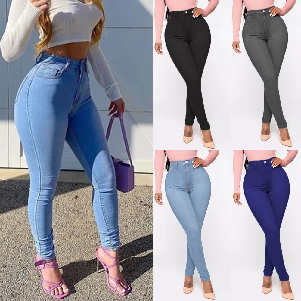 Pantalones Vaqueros de Cintura Alta para Mujer, Ajustados y Elásticos, Denim Azul, Lavado Retro, Pantalones Lápiz Slim