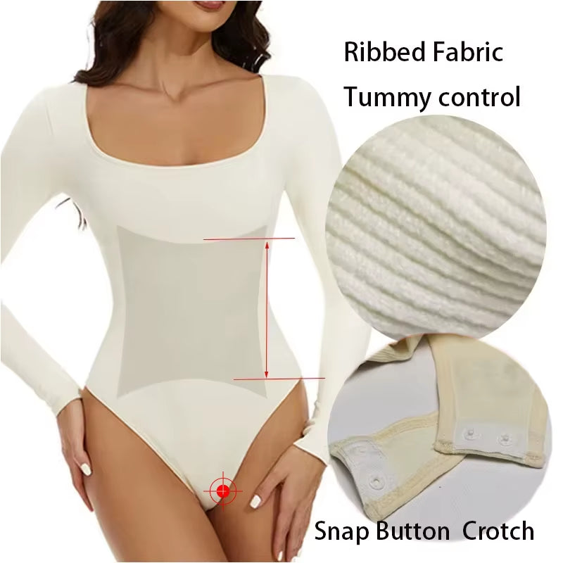 GUUDIA Spandex Elastic Body Suit Shapewear Women Body Shaper Tummy Control Long Sleeve Open Crotch Big U Neck Seamless Shapers