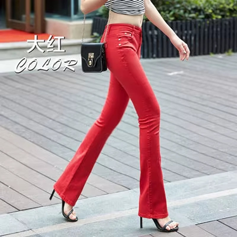 Women'S White 80% Cotton Flare Denim Pants Mom'S Fomal Skinny Stretch Jeans Trend Candy Color Slim Cowboy Trousers OL Pantalones