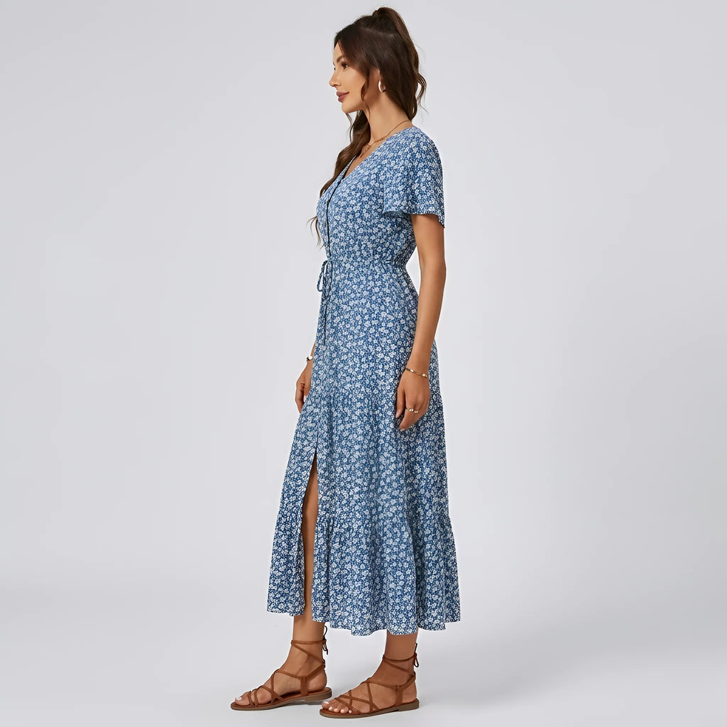 Vestito Lungo Donna Floreale Con Scollo a V Maniche Corte E Bottoni Frontali