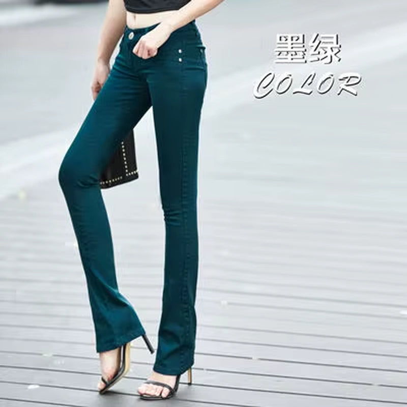 Women'S White 80% Cotton Flare Denim Pants Mom'S Fomal Skinny Stretch Jeans Trend Candy Color Slim Cowboy Trousers OL Pantalones