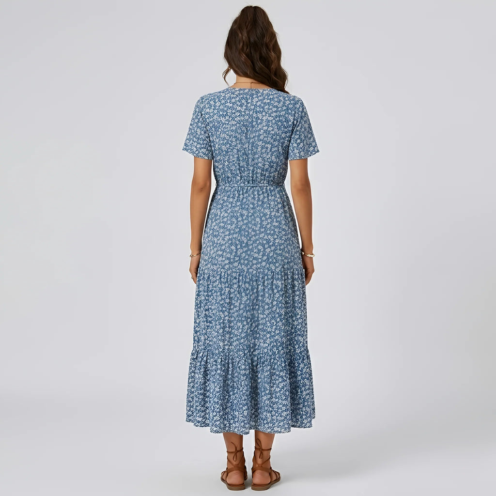 Vestito Lungo Donna Floreale Con Scollo a V Maniche Corte E Bottoni Frontali