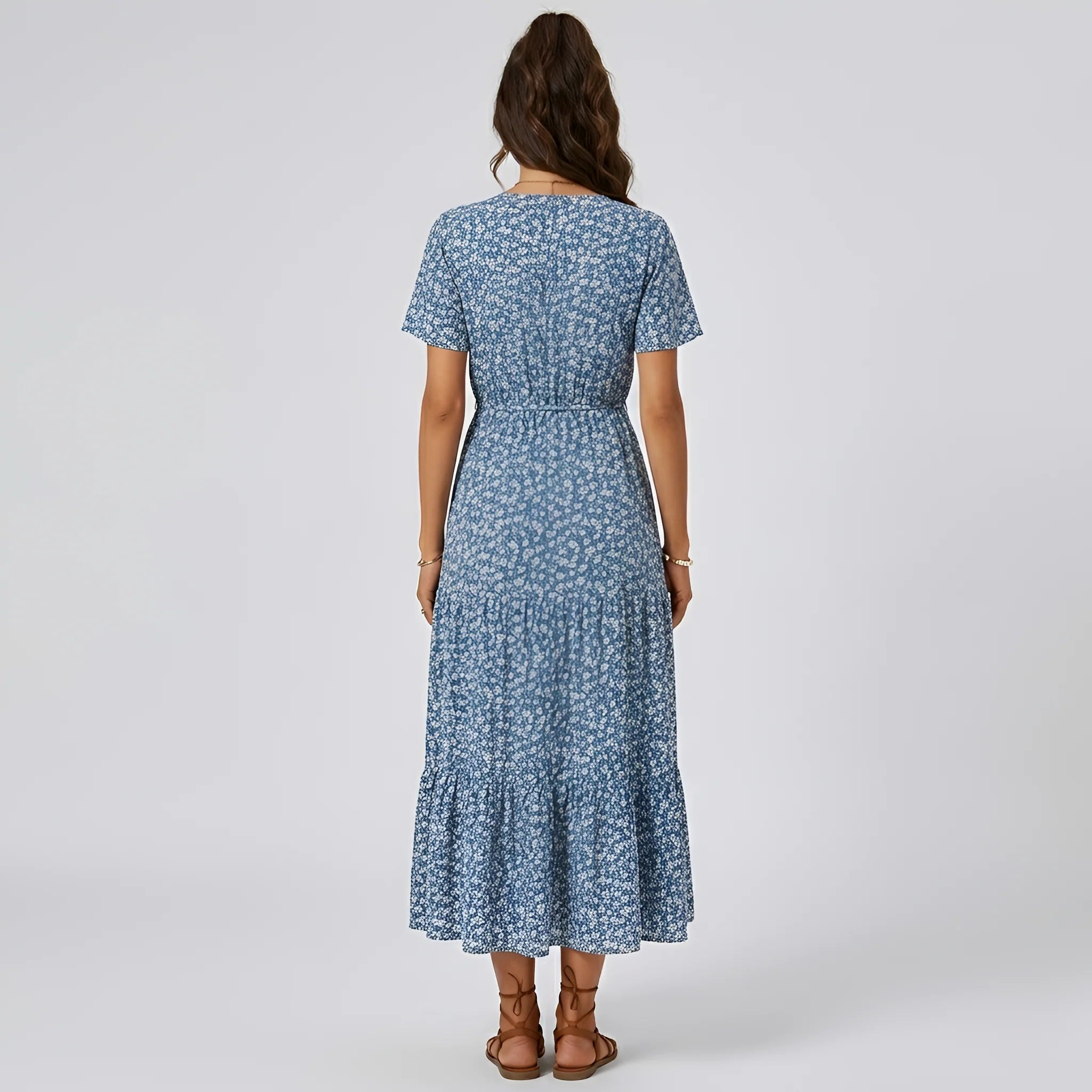 Vestito Lungo Donna Floreale Con Scollo a V Maniche Corte E Bottoni Frontali