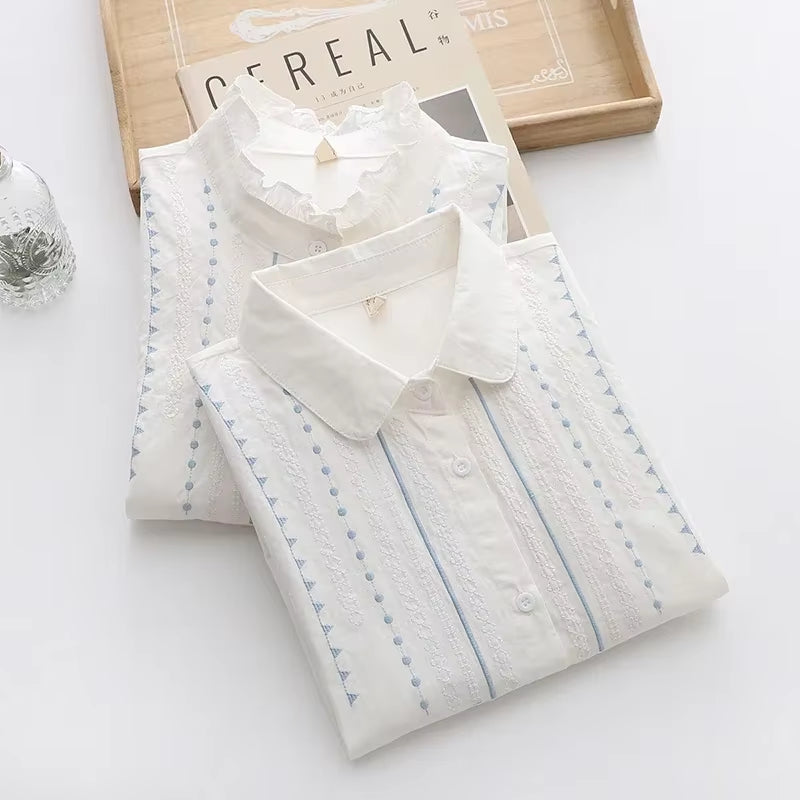 Camisas de manga larga de algodón jacquard con bordados para mujer, otoño, nueva blusa blanca de encaje, blusas y tops sueltos y casuales para señora.