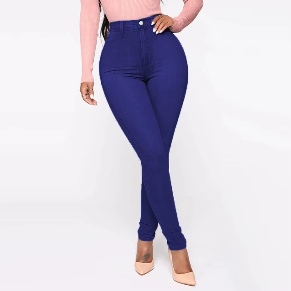 Pantalones Vaqueros de Cintura Alta para Mujer, Ajustados y Elásticos, Denim Azul, Lavado Retro, Pantalones Lápiz Slim
