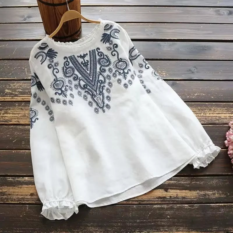 Camisa de mujer de primavera con mangas largas y volantes, blusa vintage con bordado, casual, cuello redondo, de algodón y lino.
