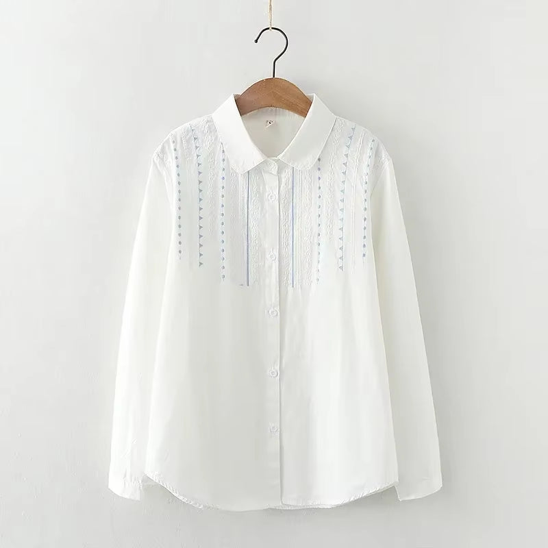 Camisas de manga larga de algodón jacquard con bordados para mujer, otoño, nueva blusa blanca de encaje, blusas y tops sueltos y casuales para señora.