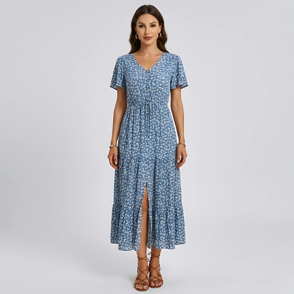 Vestito Lungo Donna Floreale Con Scollo a V Maniche Corte E Bottoni Frontali