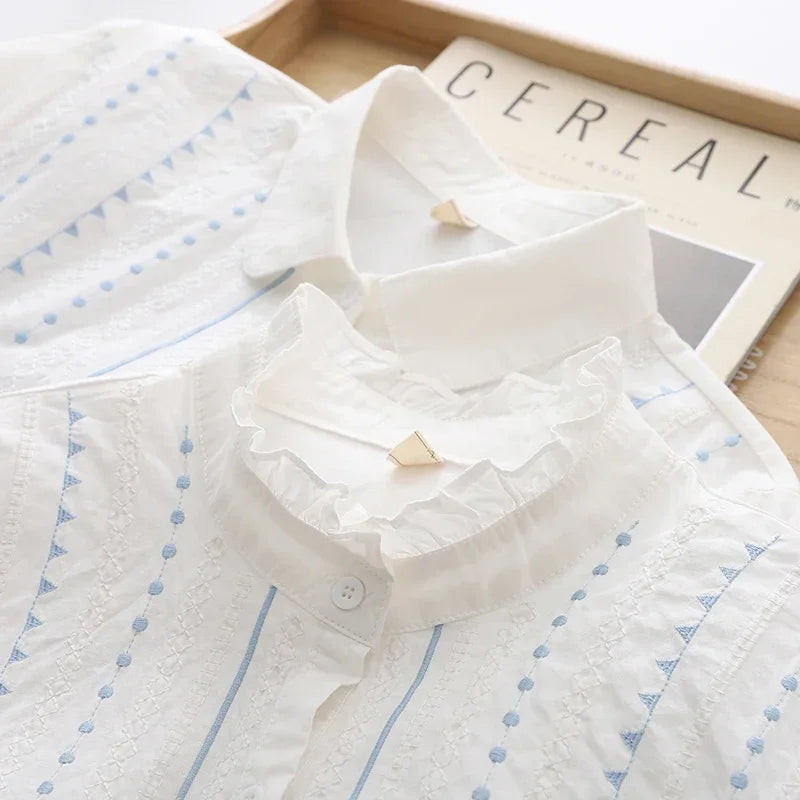 Camisas de manga larga de algodón jacquard con bordados para mujer, otoño, nueva blusa blanca de encaje, blusas y tops sueltos y casuales para señora.