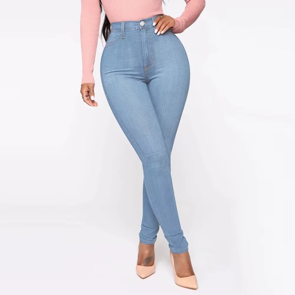 Pantalones Vaqueros de Cintura Alta para Mujer, Ajustados y Elásticos, Denim Azul, Lavado Retro, Pantalones Lápiz Slim