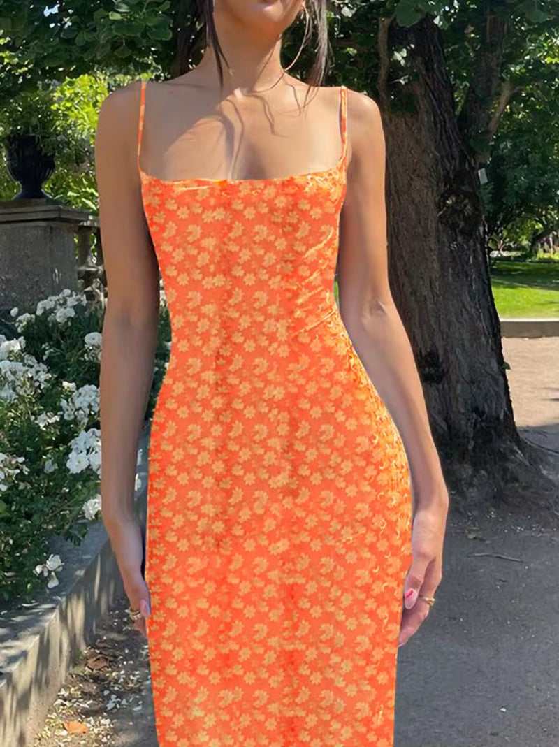 Vestido ajustado de tirantes finos con estampado floral Y2K, escote en V profundo, vestido largo, sexy, sin espalda, vestidos de verano, ropa de calle
