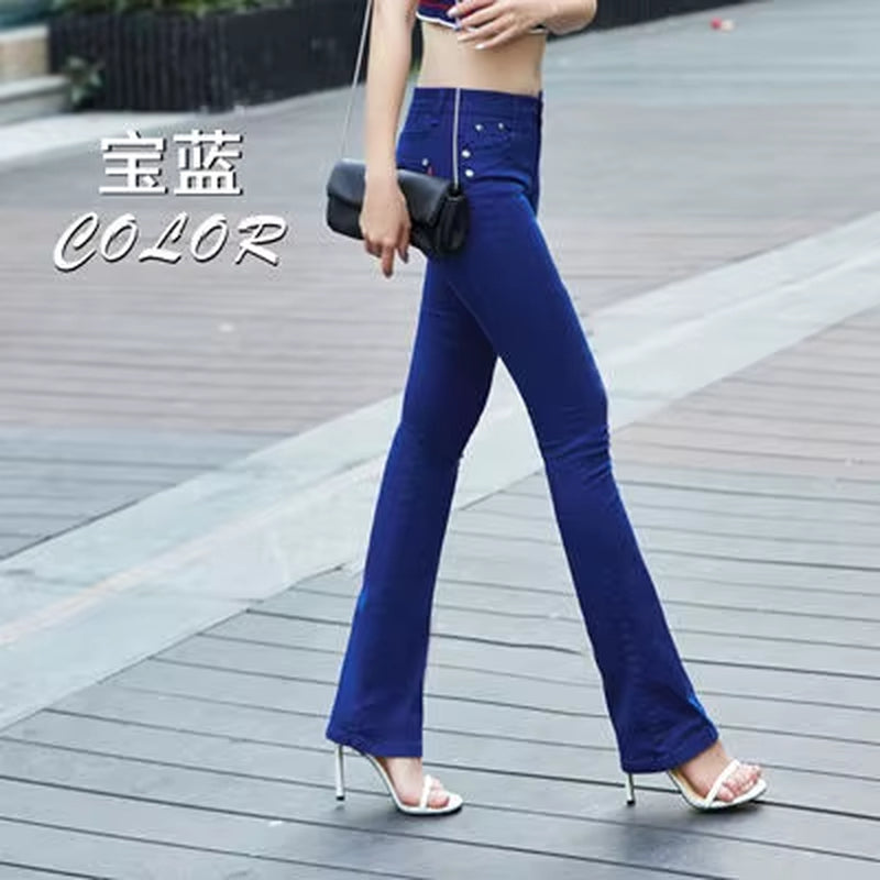 Women'S White 80% Cotton Flare Denim Pants Mom'S Fomal Skinny Stretch Jeans Trend Candy Color Slim Cowboy Trousers OL Pantalones
