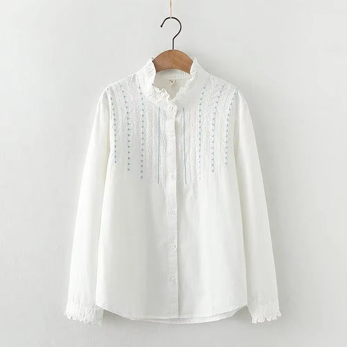 Camisas de manga larga de algodón jacquard con bordados para mujer, otoño, nueva blusa blanca de encaje, blusas y tops sueltos y casuales para señora.
