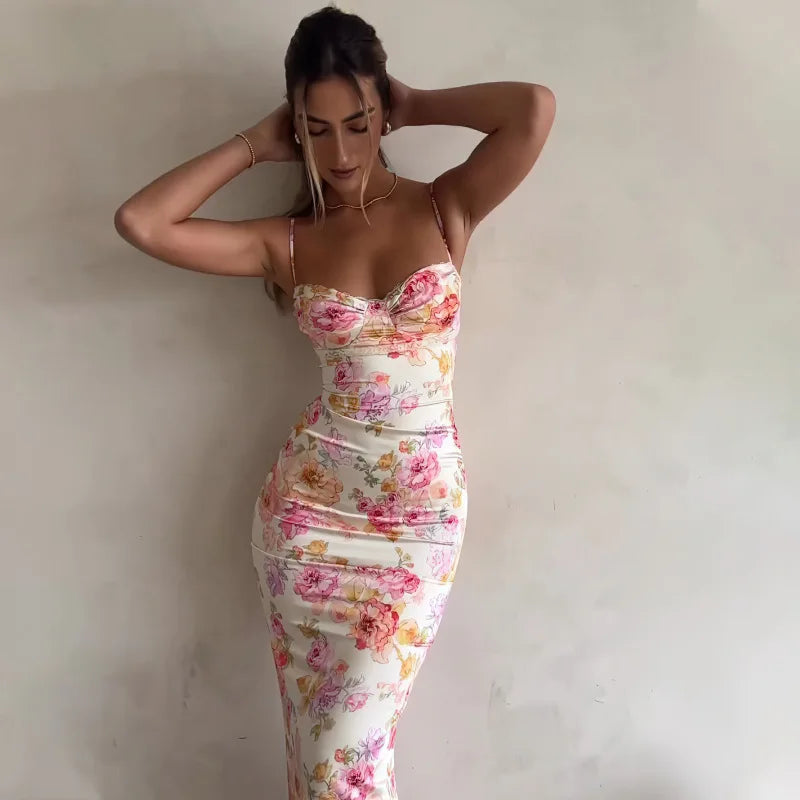 Nuevo Vestido Mini Floral con Tirantes, Abertura, Ajustado, Sin Mangas, Estilo Fiesta en la Playa, Tirantes Finos, Ropa de Mujer, Verano 2024