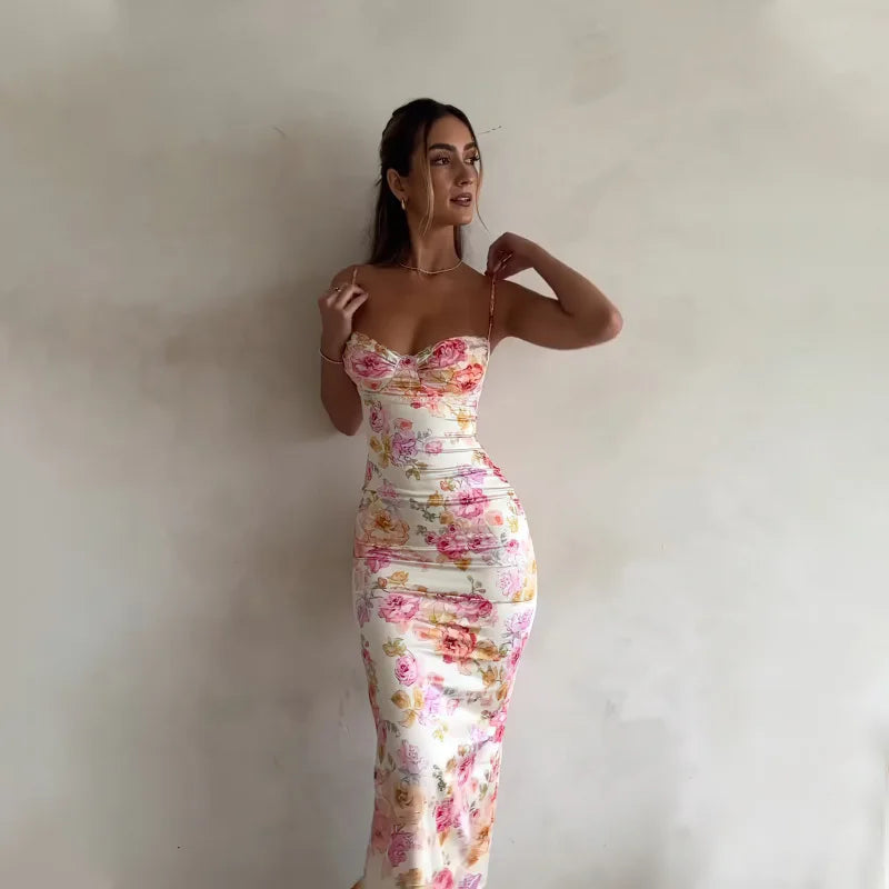 Nuevo Vestido Mini Floral con Tirantes, Abertura, Ajustado, Sin Mangas, Estilo Fiesta en la Playa, Tirantes Finos, Ropa de Mujer, Verano 2024