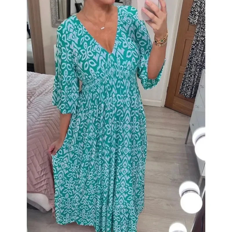 Vestido Bohemio Casual de Verano 2024 con Escote en V y Flores para Mujer, Vestido Envoltura de Verano Elegante, Ropa de Playa para Vacaciones, Vestidos Sueltos de Playa para Dama Elegante