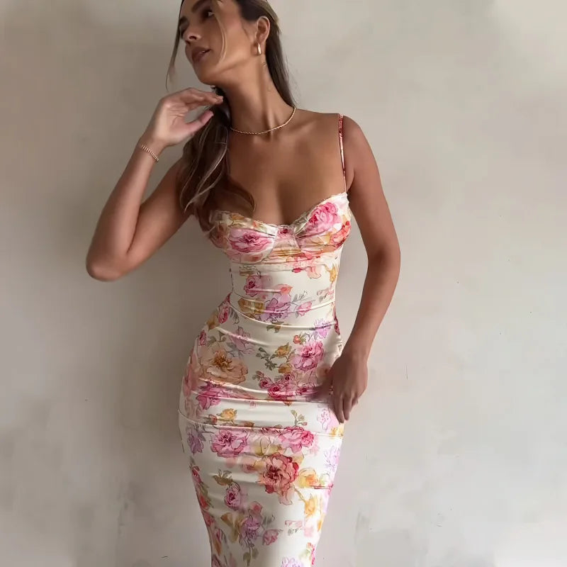 Nuevo Vestido Mini Floral con Tirantes, Abertura, Ajustado, Sin Mangas, Estilo Fiesta en la Playa, Tirantes Finos, Ropa de Mujer, Verano 2024