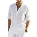 Camisas de manga larga para hombre de algodón y lino en oferta, verano, color sólido, cuello alto, estilo casual de playa, talla grande