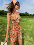 Vestido Corto de Vacaciones con Estampado Floral de Moda para Mujer Verano 2024 con Espalda Descubierta y Estilo Romántico