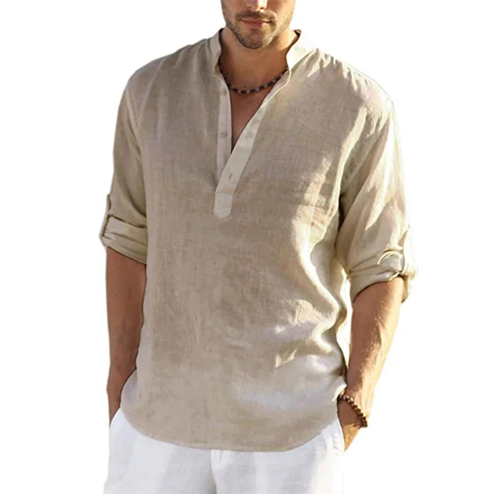 Camisas de manga larga para hombre de algodón y lino en oferta, verano, color sólido, cuello alto, estilo casual de playa, talla grande