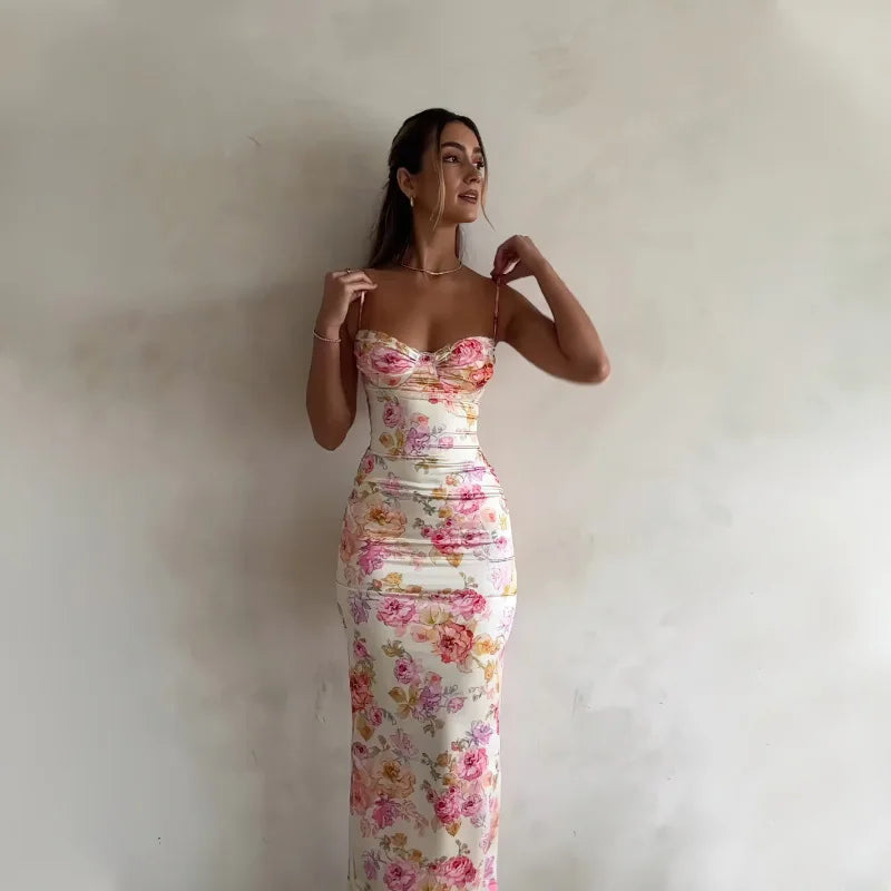 Nuevo Vestido Mini Floral con Tirantes, Abertura, Ajustado, Sin Mangas, Estilo Fiesta en la Playa, Tirantes Finos, Ropa de Mujer, Verano 2024