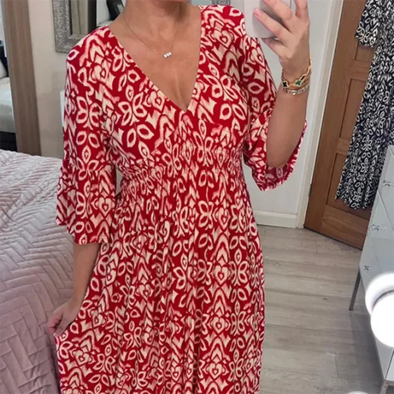 Vestido Bohemio Casual de Verano 2024 con Escote en V y Flores para Mujer, Vestido Envoltura de Verano Elegante, Ropa de Playa para Vacaciones, Vestidos Sueltos de Playa para Dama Elegante