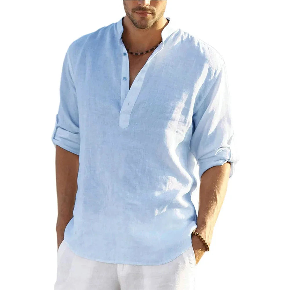 Camisas de manga larga para hombre de algodón y lino en oferta, verano, color sólido, cuello alto, estilo casual de playa, talla grande