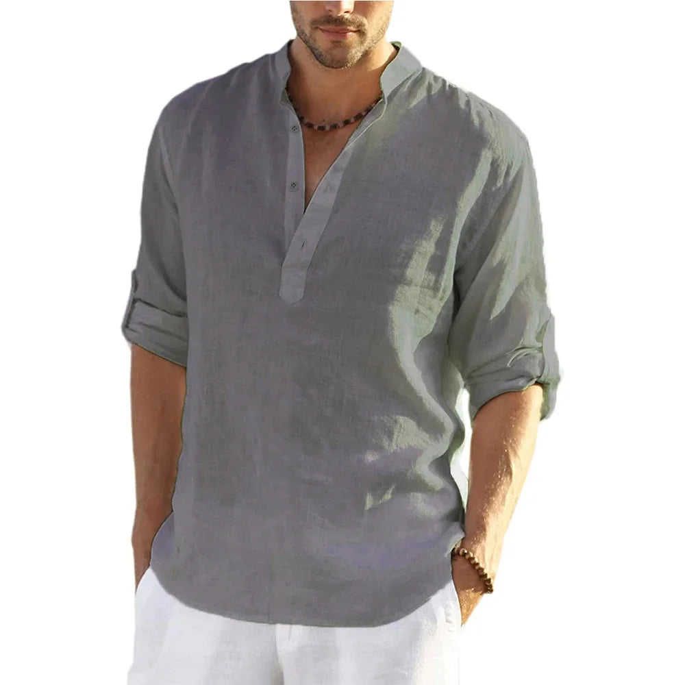 Camisas de manga larga para hombre de algodón y lino en oferta, verano, color sólido, cuello alto, estilo casual de playa, talla grande