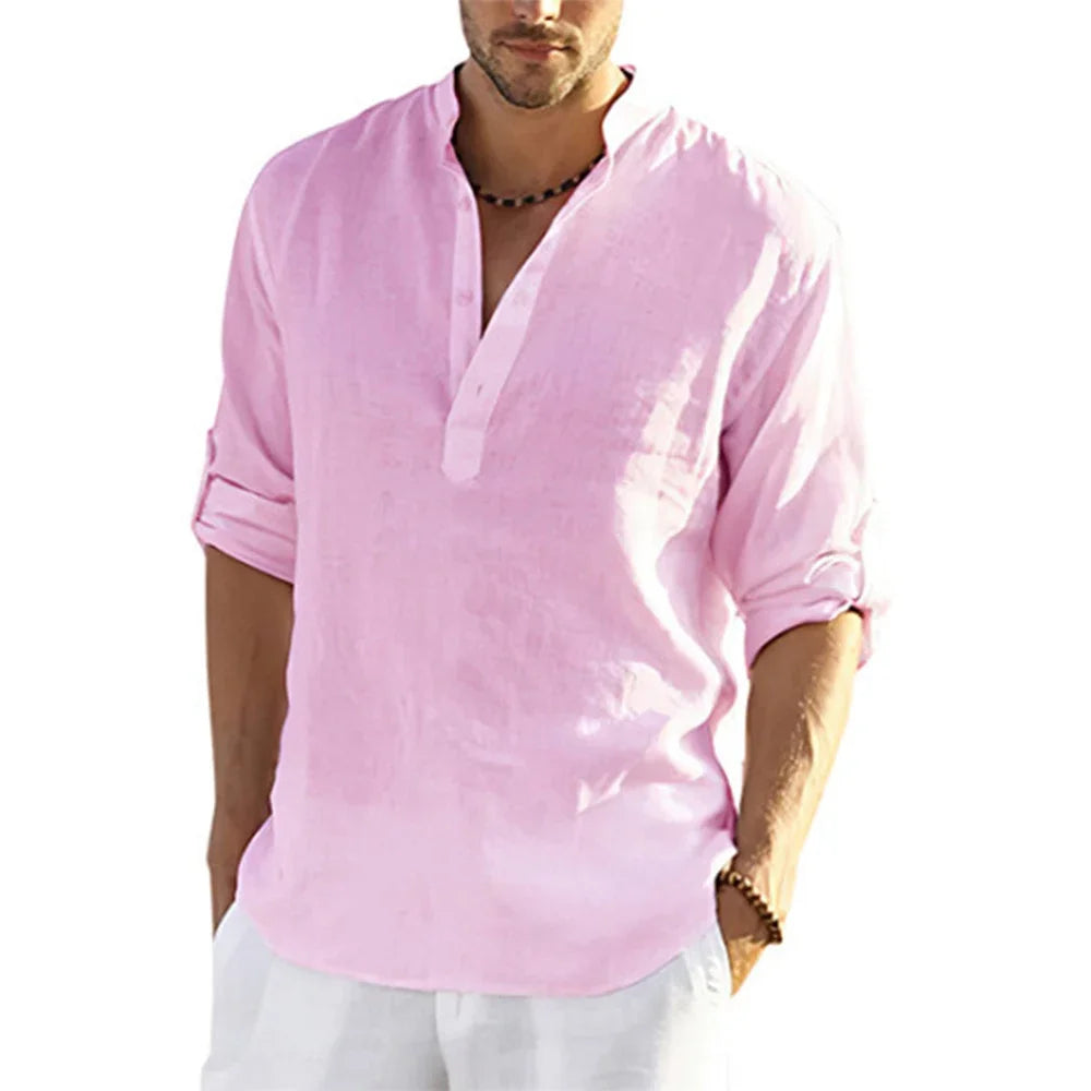 Camisas de manga larga para hombre de algodón y lino en oferta, verano, color sólido, cuello alto, estilo casual de playa, talla grande