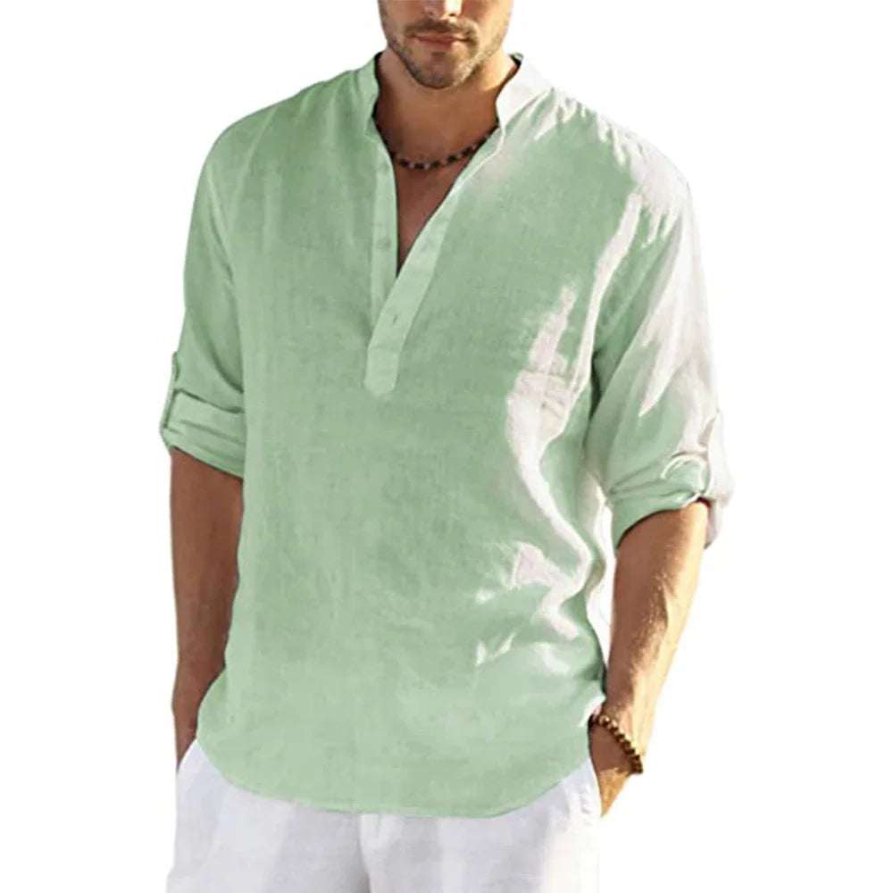 Camisas de manga larga para hombre de algodón y lino en oferta, verano, color sólido, cuello alto, estilo casual de playa, talla grande