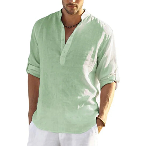 Camisas de manga larga para hombre de algodón y lino en oferta, verano, color sólido, cuello alto, estilo casual de playa, talla grande