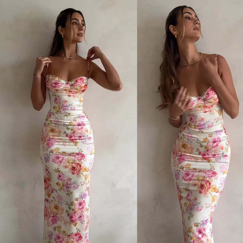Nuevo Vestido Mini Floral con Tirantes, Abertura, Ajustado, Sin Mangas, Estilo Fiesta en la Playa, Tirantes Finos, Ropa de Mujer, Verano 2024