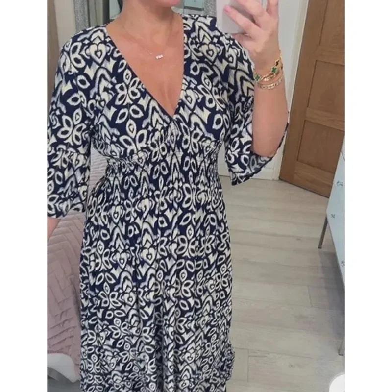 Vestido Bohemio Casual de Verano 2024 con Escote en V y Flores para Mujer, Vestido Envoltura de Verano Elegante, Ropa de Playa para Vacaciones, Vestidos Sueltos de Playa para Dama Elegante