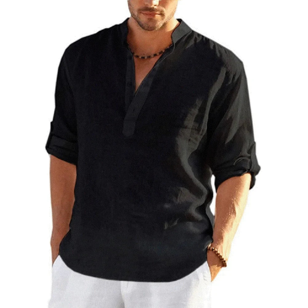 Camisas de manga larga para hombre de algodón y lino en oferta, verano, color sólido, cuello alto, estilo casual de playa, talla grande
