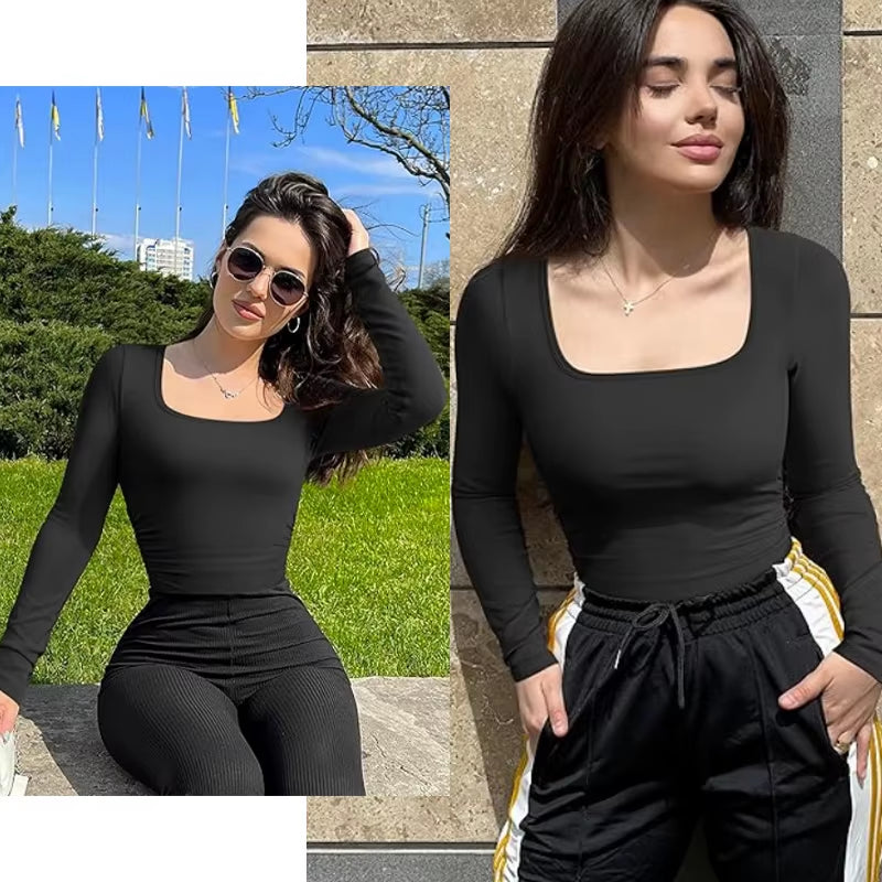 GUUDIA Spandex Elastic Body Suit Shapewear Women Body Shaper Tummy Control Long Sleeve Open Crotch Big U Neck Seamless Shapers