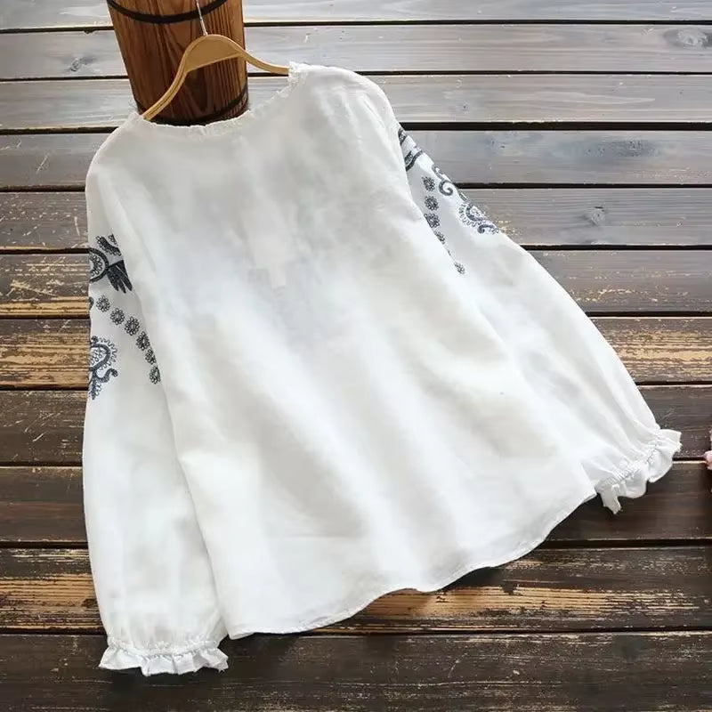 Camisa de mujer de primavera con mangas largas y volantes, blusa vintage con bordado, casual, cuello redondo, de algodón y lino.