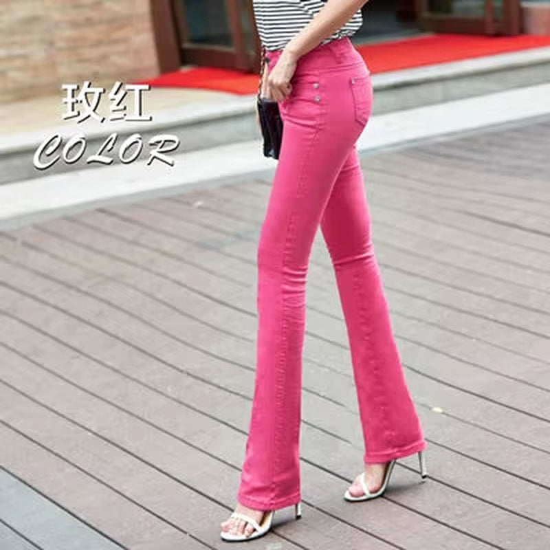 Women'S White 80% Cotton Flare Denim Pants Mom'S Fomal Skinny Stretch Jeans Trend Candy Color Slim Cowboy Trousers OL Pantalones