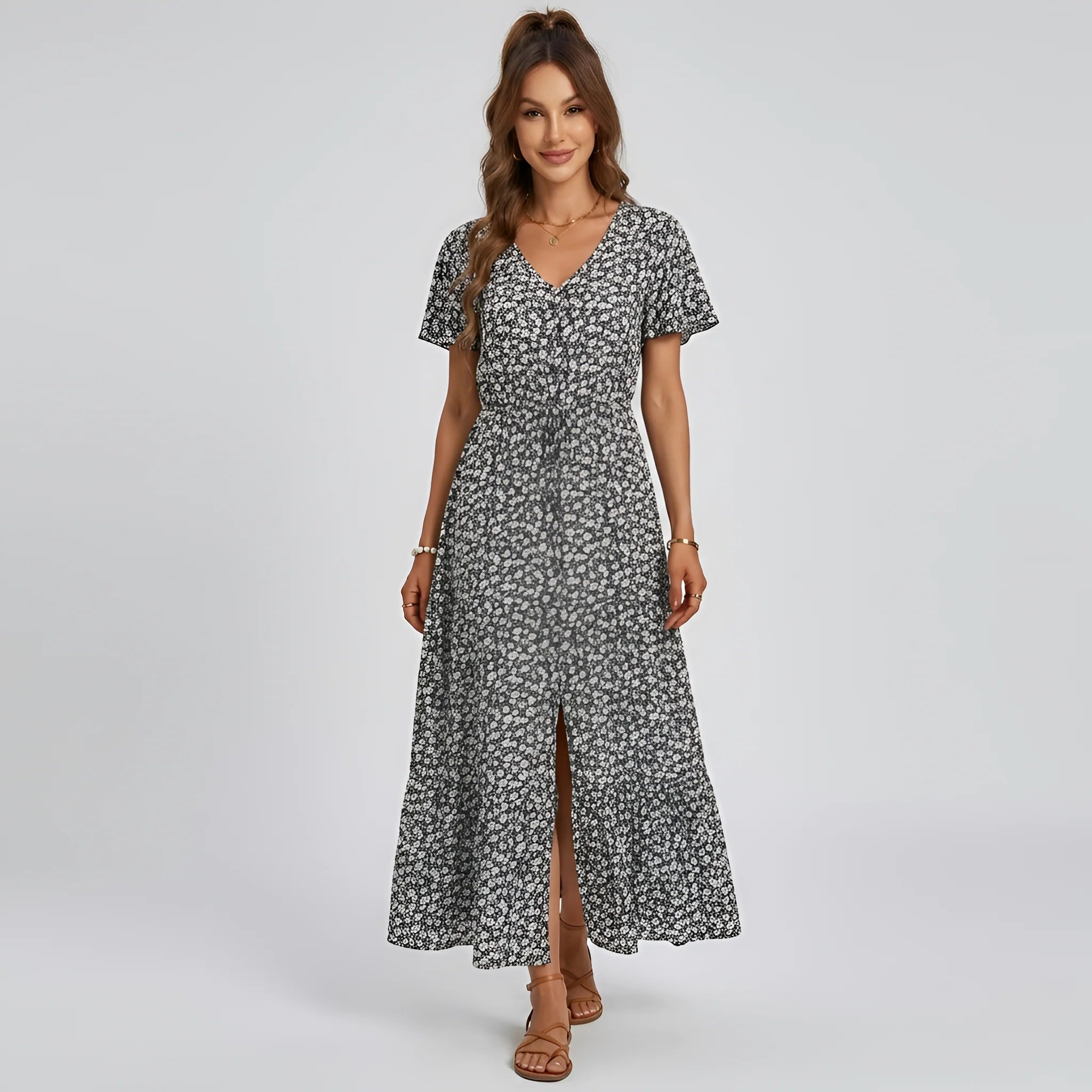 Vestito Lungo Donna Floreale Con Scollo a V Maniche Corte E Bottoni Frontali