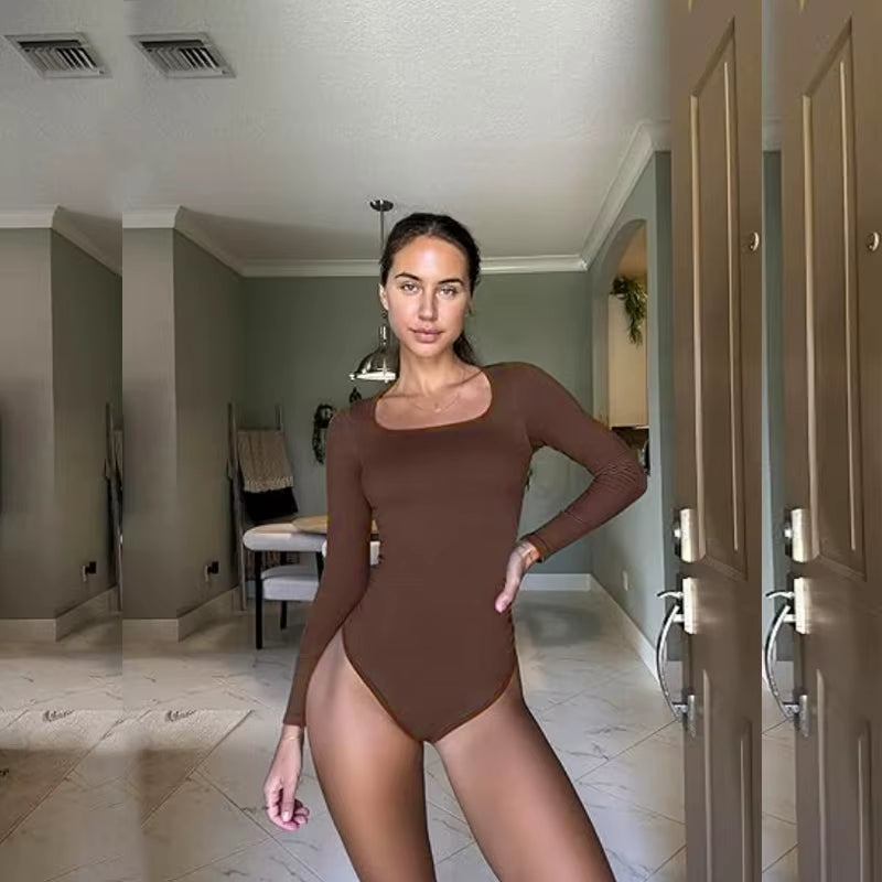 GUUDIA Spandex Elastic Body Suit Shapewear Women Body Shaper Tummy Control Long Sleeve Open Crotch Big U Neck Seamless Shapers