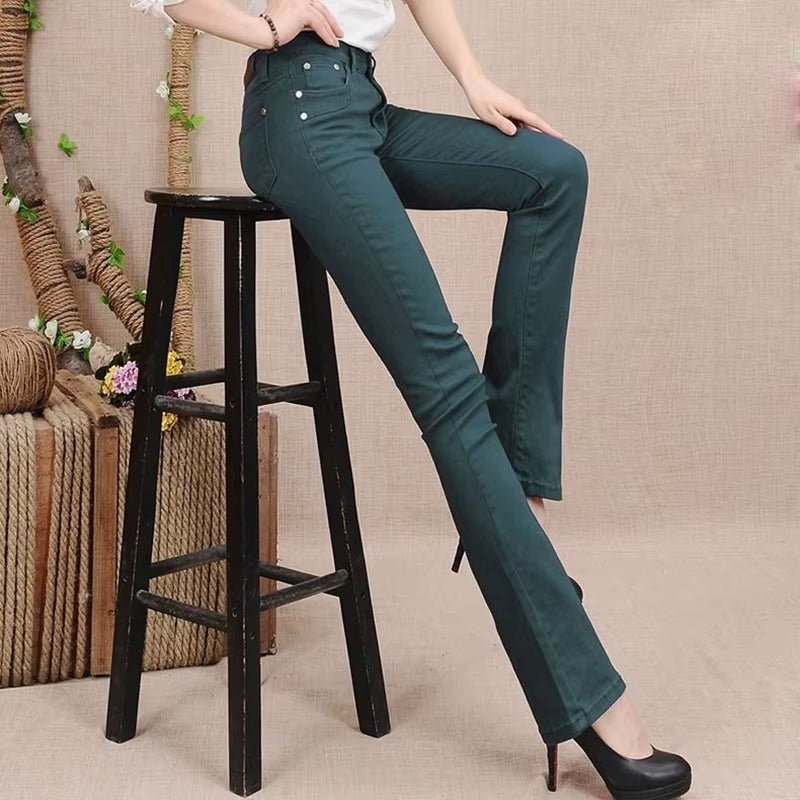 Women'S White 80% Cotton Flare Denim Pants Mom'S Fomal Skinny Stretch Jeans Trend Candy Color Slim Cowboy Trousers OL Pantalones